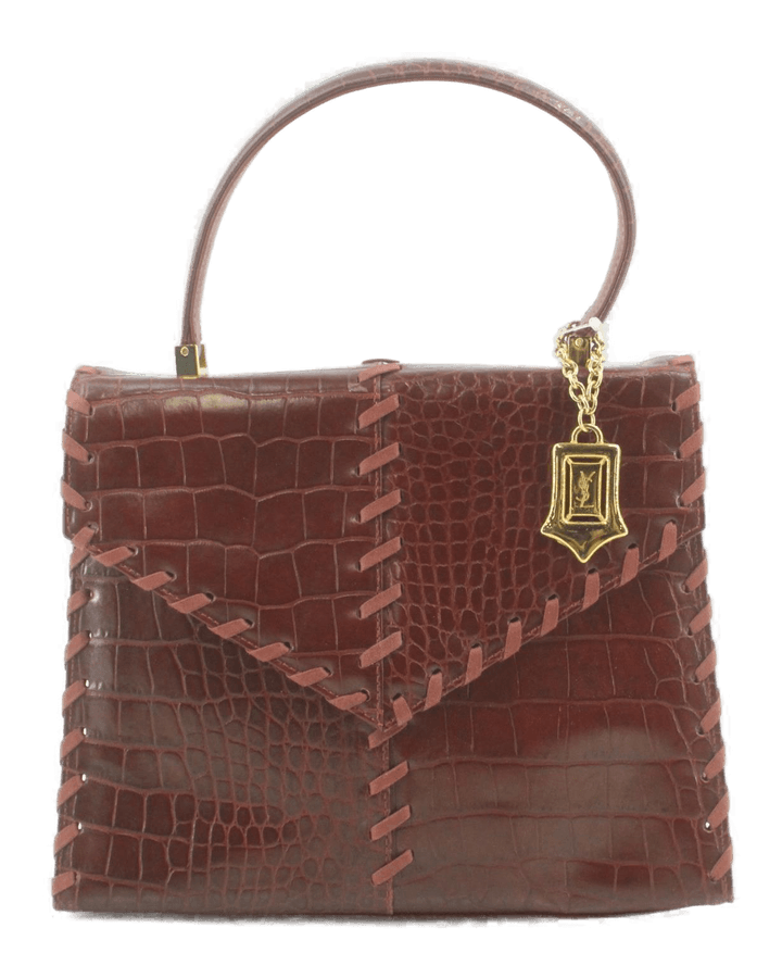 Borsa a mano Yves Saint Laurent in pelle stampa cocco castagna, manico singolo e pendente YSL dorato, vista frontale
