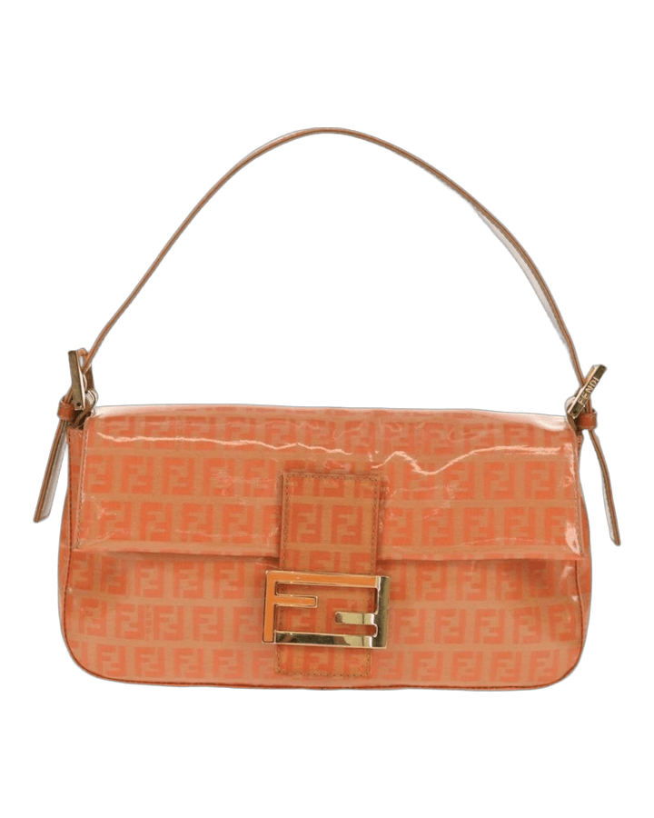 Borsa a spalla Fendi in tela rivestita arancione corallo con monogramma FF e fibbia dorata, vista frontale