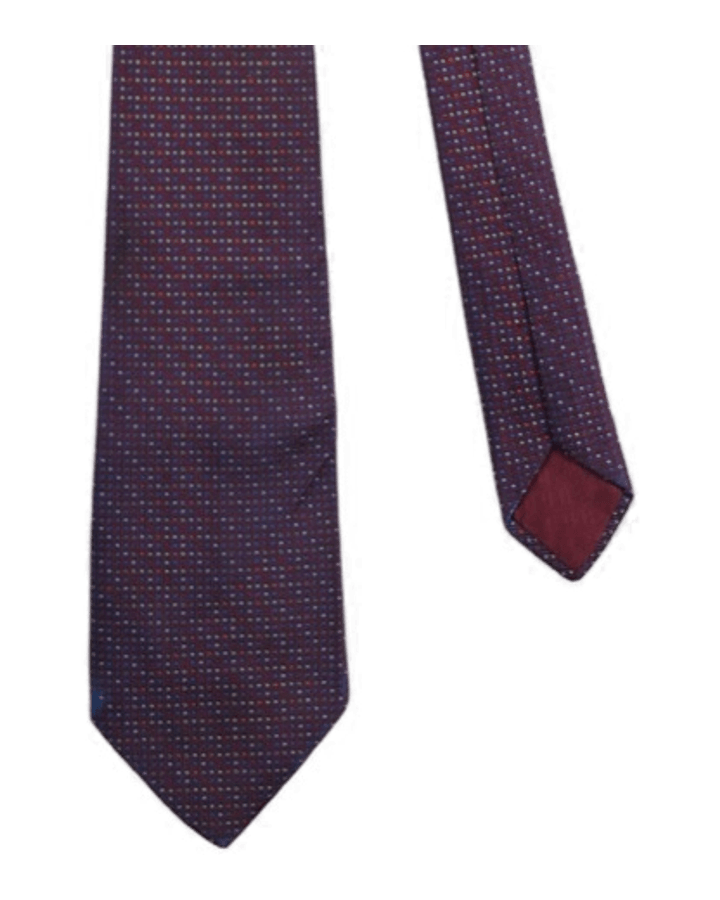 Cravatta Hermès in seta a micro-pois jacquard: fondo a coste bordeaux prugna con puntini blu, azzurri, écru e arancio