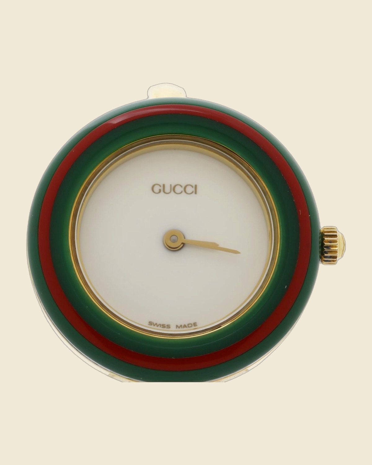 Orologio Gucci in metallo dorato, quadrante bianco, lunetta a cerchi verde e rosso, bracciale rigido, vista frontale