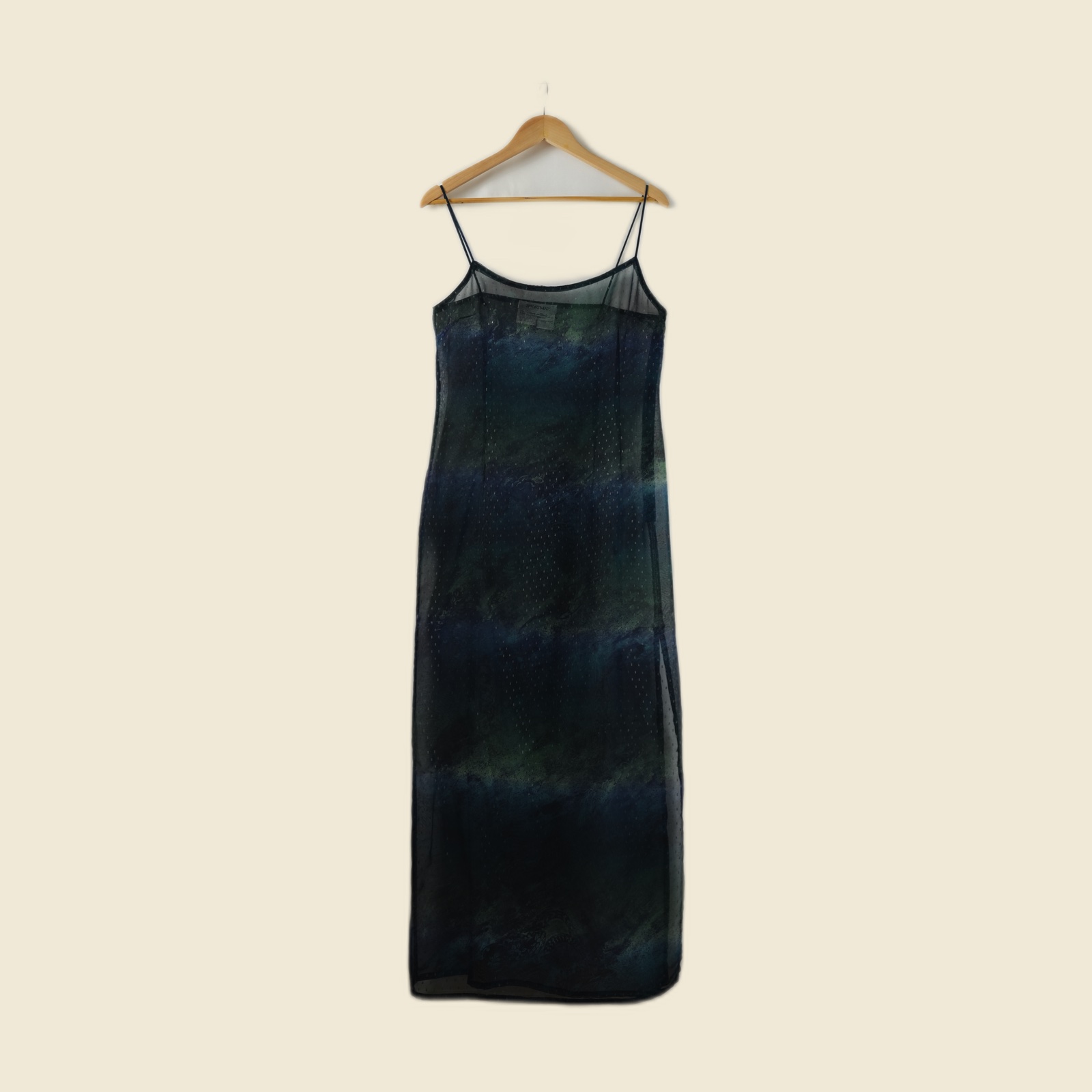 Abito lungo Sportmax in velo semitrasparente stampato di blu e verde, spalline sottili, spacco sul fianco