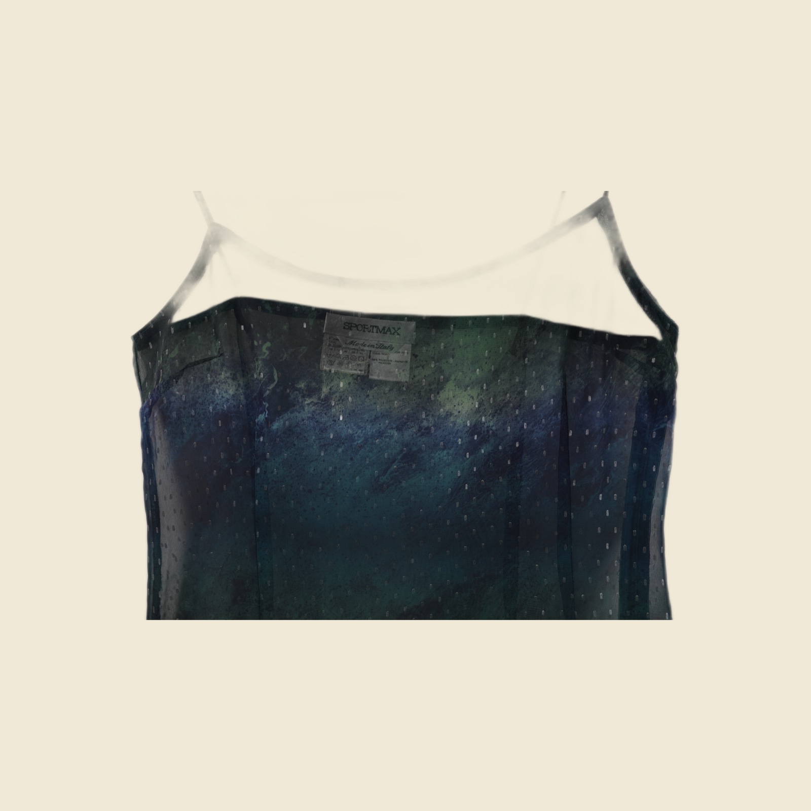 Abito lungo Sportmax in velo semitrasparente stampato di blu e verde, spalline sottili, spacco sul fianco — vista 2