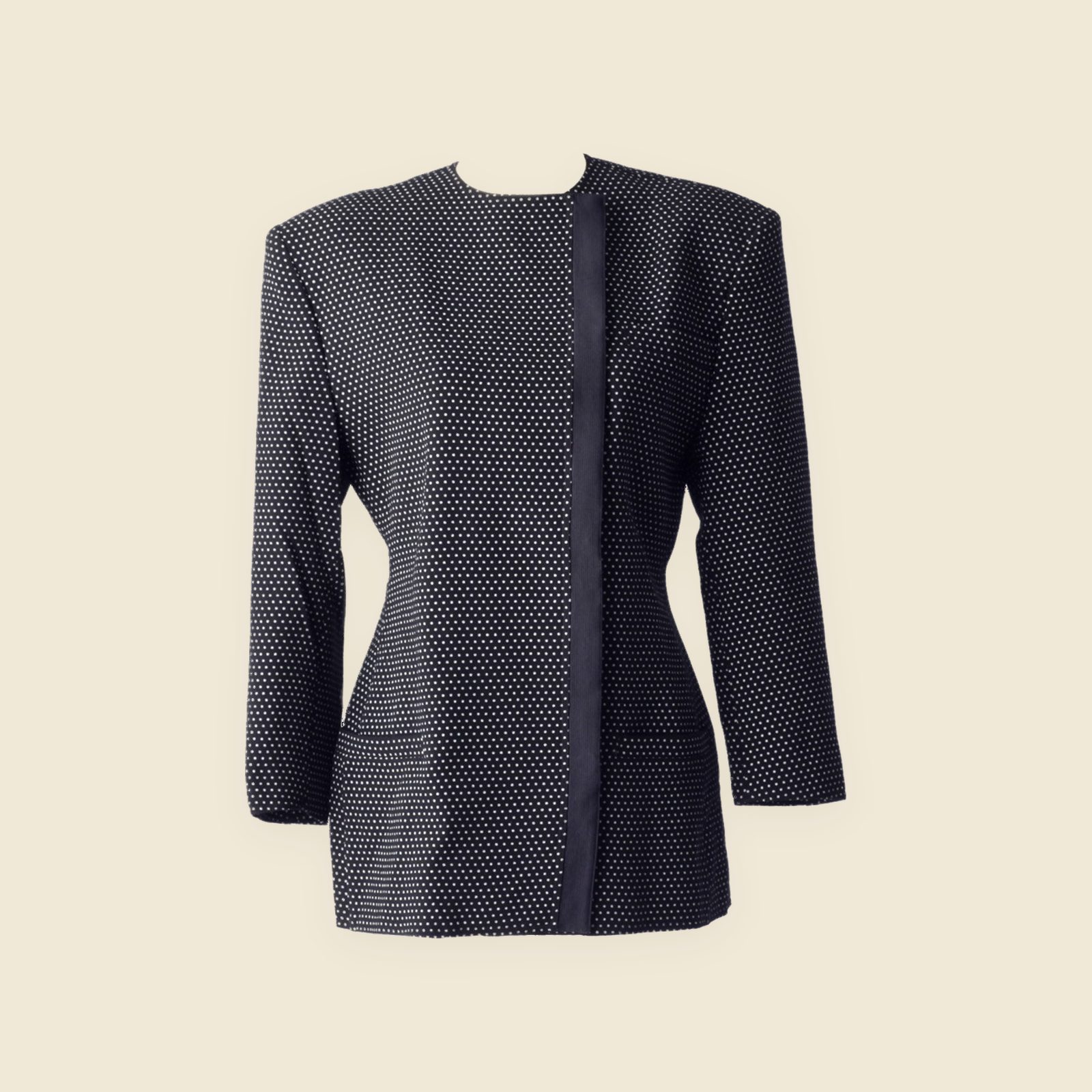 Giacca Gianni Versace in lana, senza collo, nera a piccoli pois bianchi, profilo rigato sulla chiusura e spalle strutturate