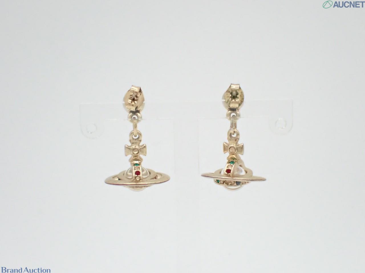 Orecchini pendenti Vivienne Westwood in metallo dorato: globo con croce e anello di piccole pietre colorate. — vista 2