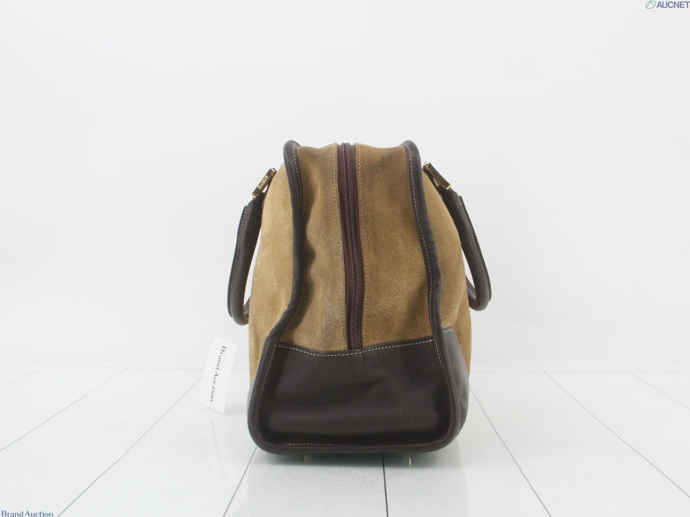 Borsa Amazona di Loewe in pelle scamosciata color sabbia, con manici e angoli in pelle marrone e anagramma impresso. — vista 4