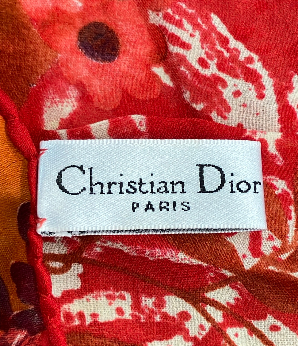 Foulard Christian Dior in seta con stampa floreale rossa, arancio e gialla, bordo arrotolato rosso — vista 2