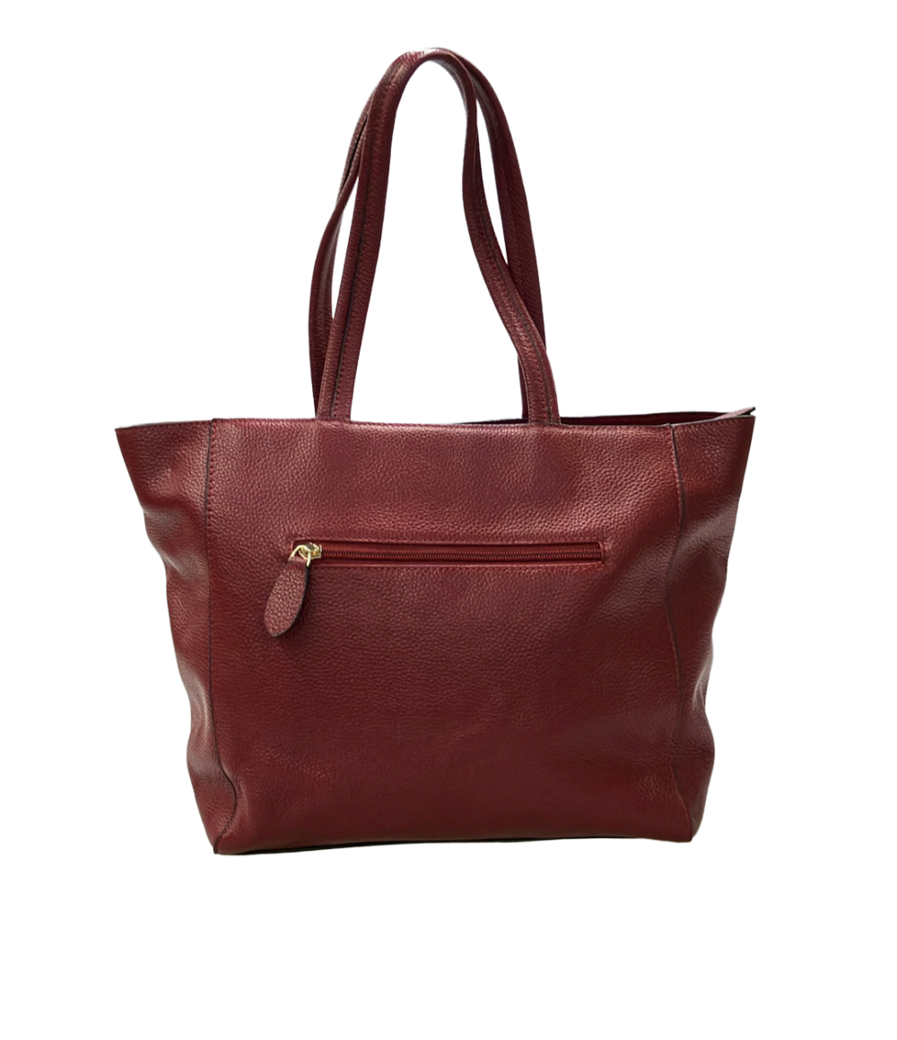 Borsa tote Barcos in pelle bordeaux a grana martellata, con due manici lunghi da spalla, vista frontale su fondo bianco. — vista 2