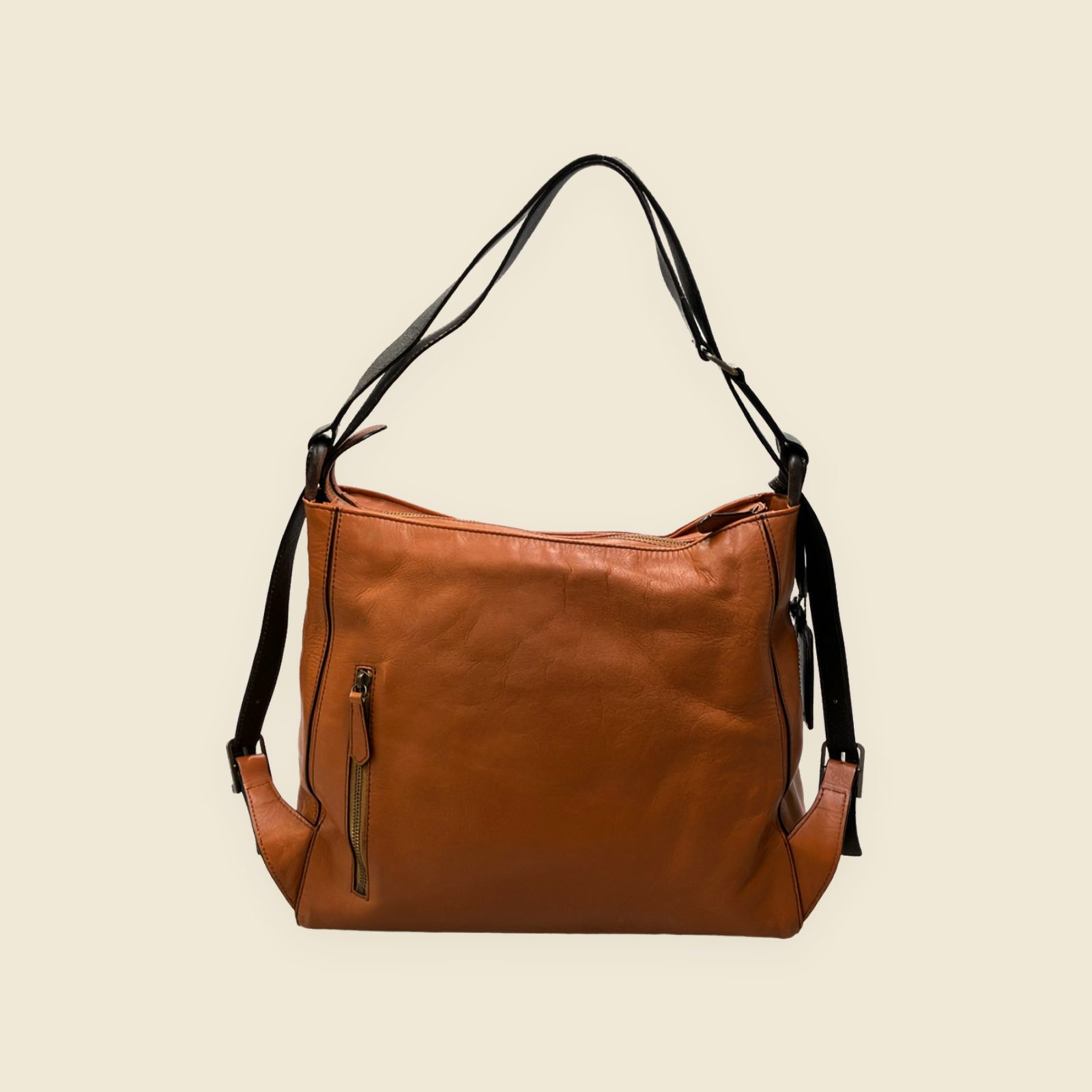 Borsa a spalla Motherhouse in pelle color cuoio, tracolla scura regolabile con fibbie laterali, cerniera superiore. — vista 2