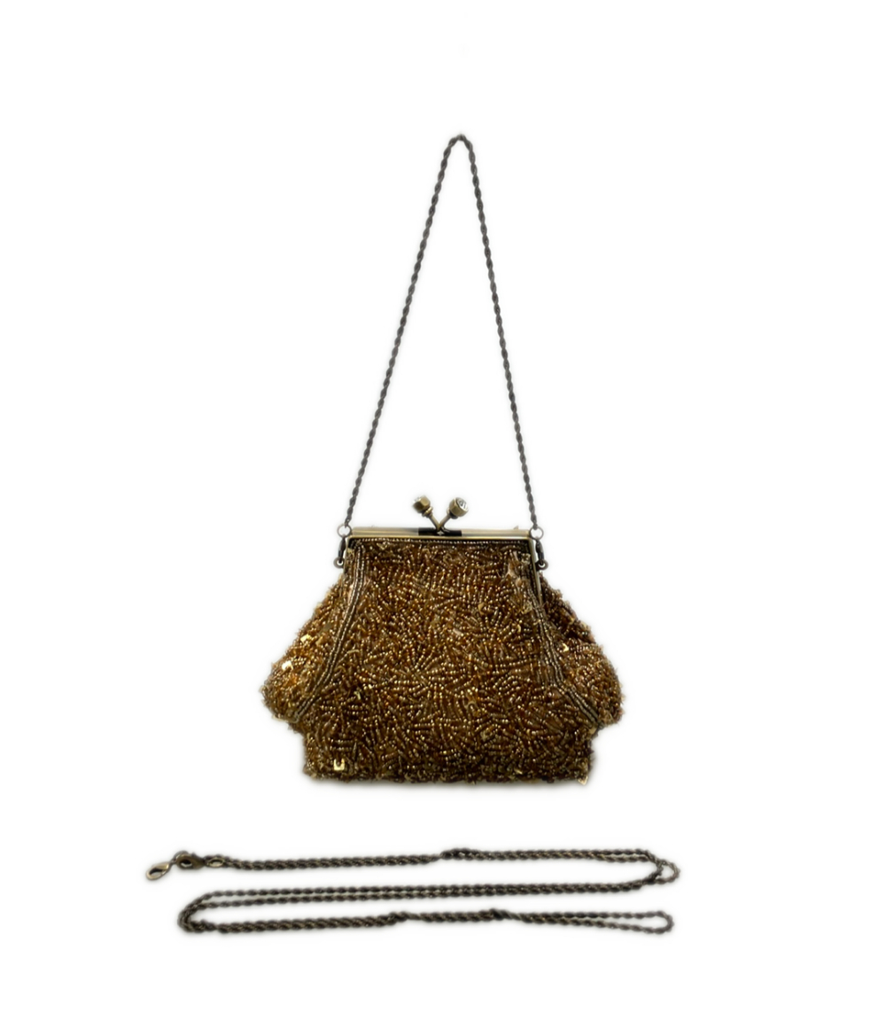 Borsa a spalla Sybilla ricamata a perline e lustrini color bronzo, chiusura a clip con due pomelli e catenella intrecciata