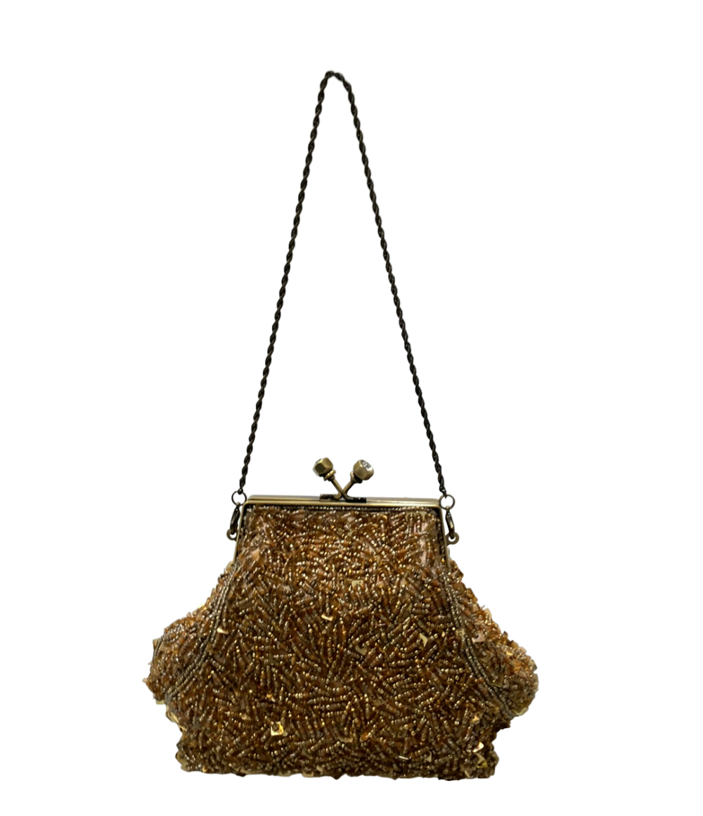Borsa a spalla Sybilla ricamata a perline e lustrini color bronzo, chiusura a clip con due pomelli e catenella intrecciata — vista 2
