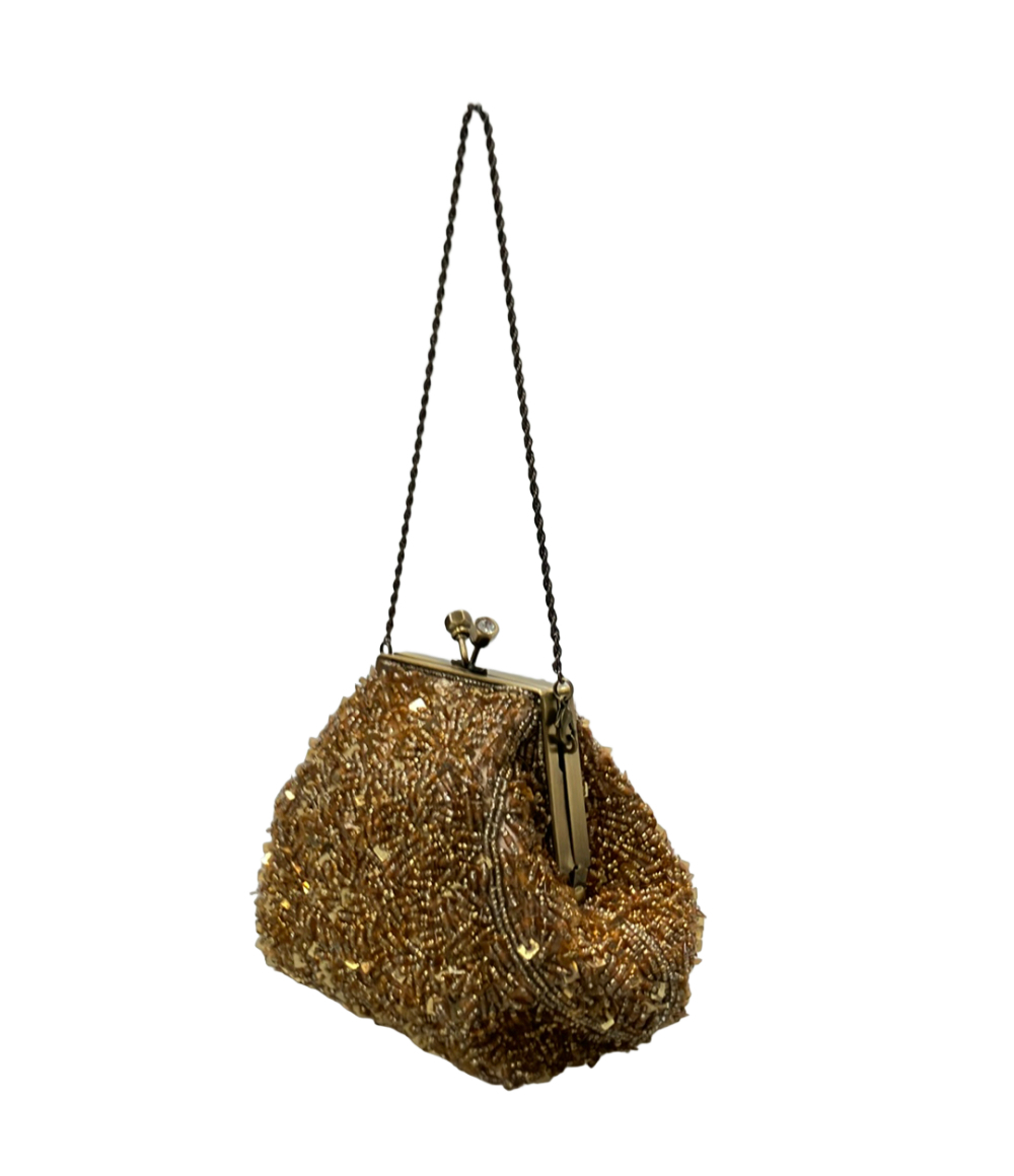 Borsa a spalla Sybilla ricamata a perline e lustrini color bronzo, chiusura a clip con due pomelli e catenella intrecciata — vista 3