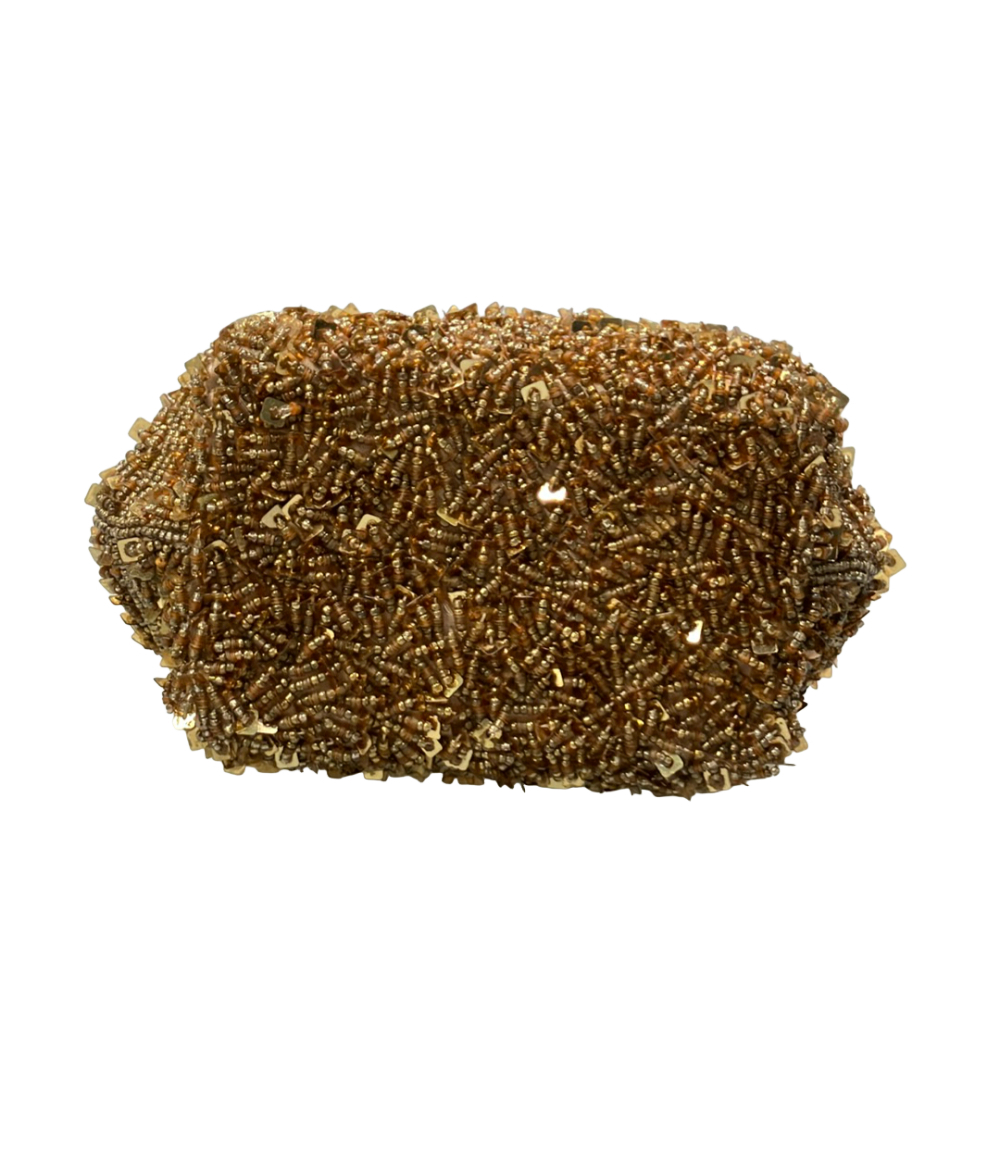 Borsa a spalla Sybilla ricamata a perline e lustrini color bronzo, chiusura a clip con due pomelli e catenella intrecciata — vista 4