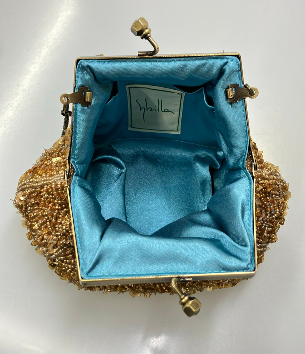 Borsa a spalla Sybilla ricamata a perline e lustrini color bronzo, chiusura a clip con due pomelli e catenella intrecciata — vista 5