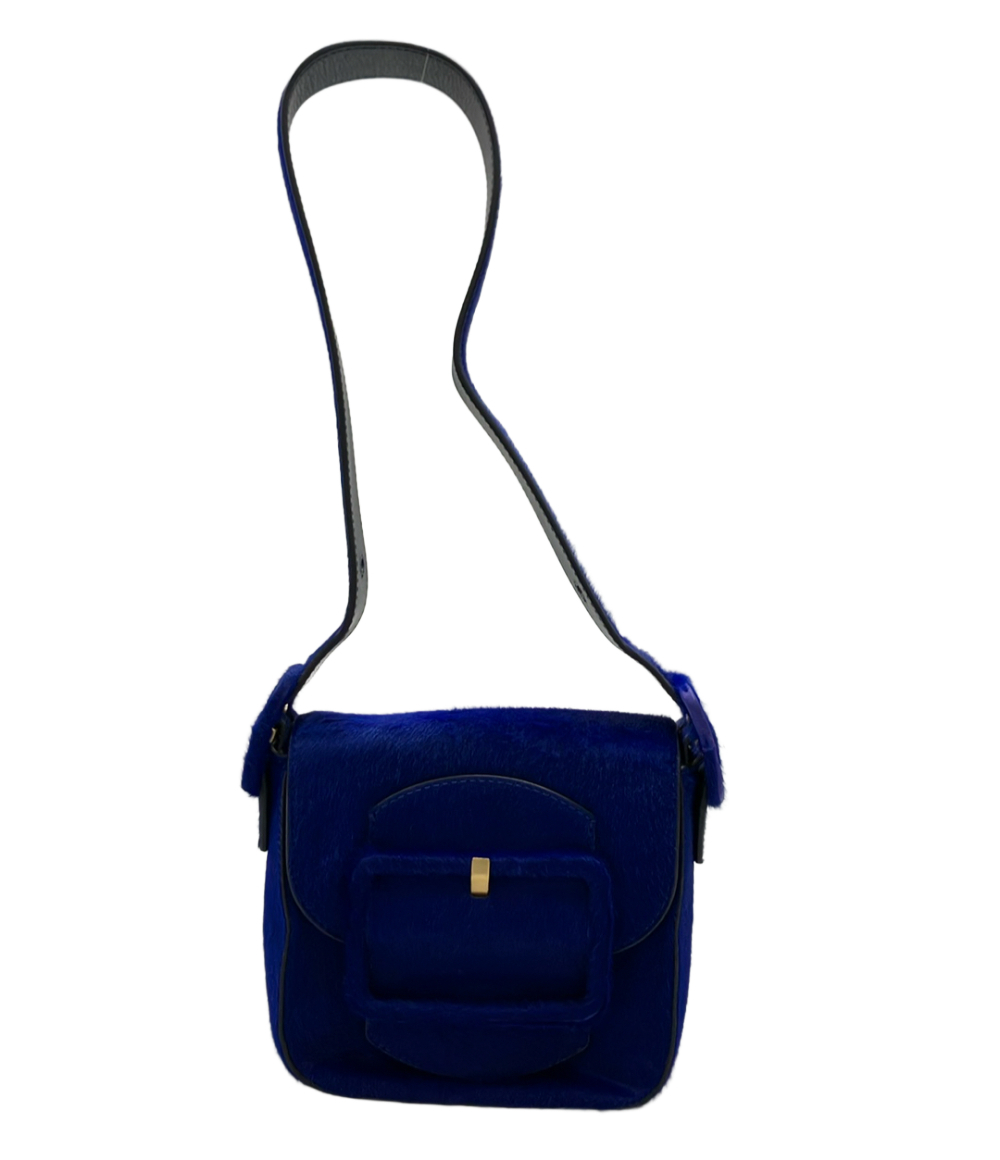 Borsa a spalla Tory Burch blu elettrico a pelo corto, patta con grande fibbia ricoperta e dettaglio dorato