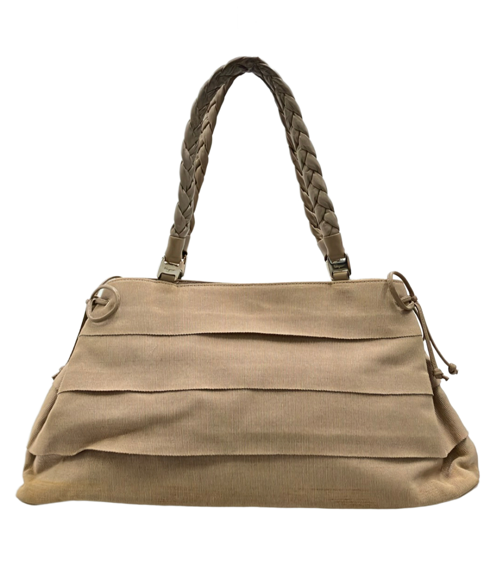 Borsa a spalla Salvatore Ferragamo color sabbia in tessuto a coste, corpo a balze e manici intrecciati, vista frontale — vista 2