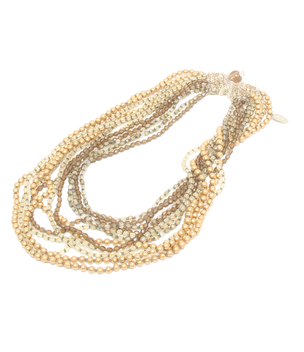 Collana multifilo Maria Calderara di perline sfaccettate e sfere opache color oro, dal champagne al bruno, su fondo bianco — vista 2