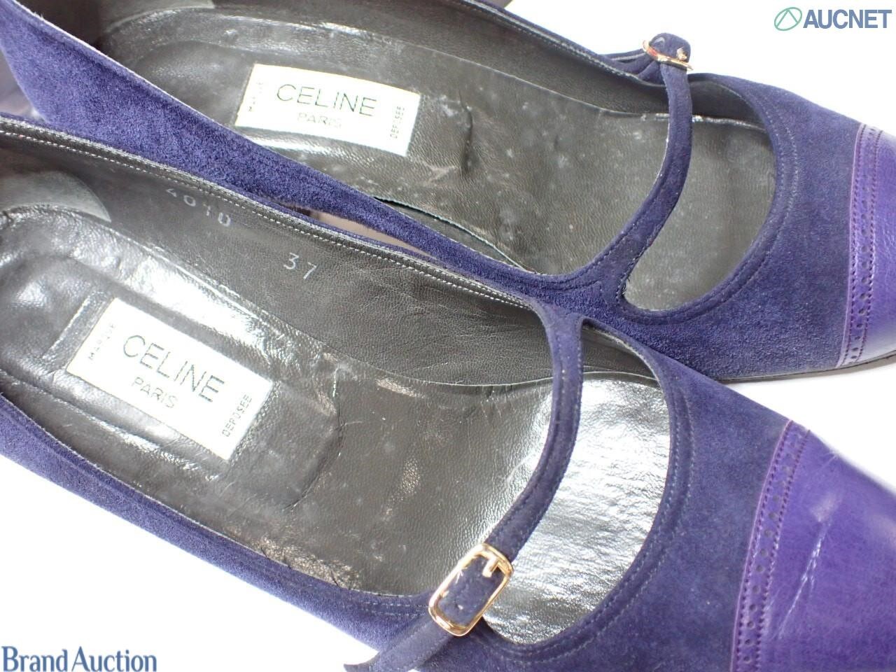 Décolleté Celine in camoscio blu notte con punta in pelle viola e cinturino con fibbia dorata. — vista 3